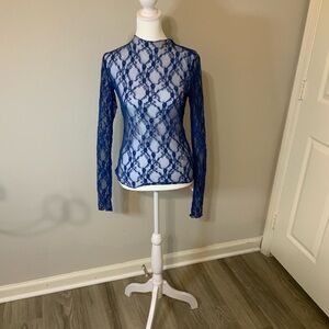 Topshop Blue Lace Long Sleeve Blouse